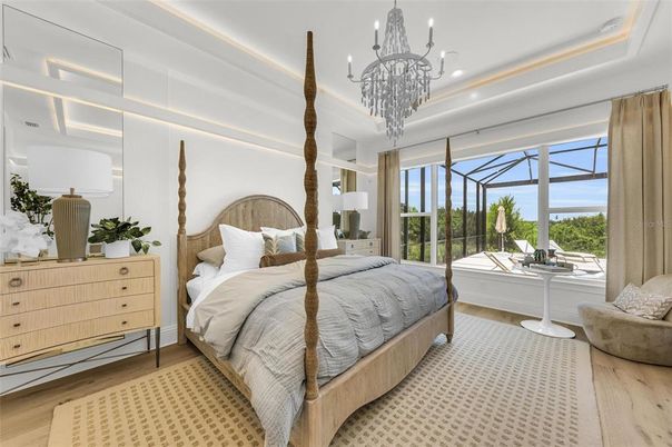 Bedroom, Chandelier, Interior, Recessed Lighting, Wood Texture Flooring
