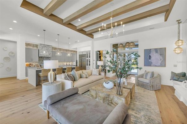 Interior, Kitchen, Living room, Pendant Lights, Recessed Lighting, Stainless Steel Appliances, Wooden Beams, Wood Texture Flooring
