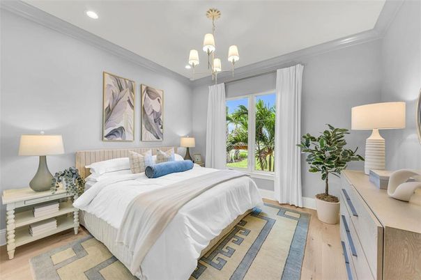 Bedroom, Chandelier, Interior, Recessed Lighting, Wood Texture Flooring