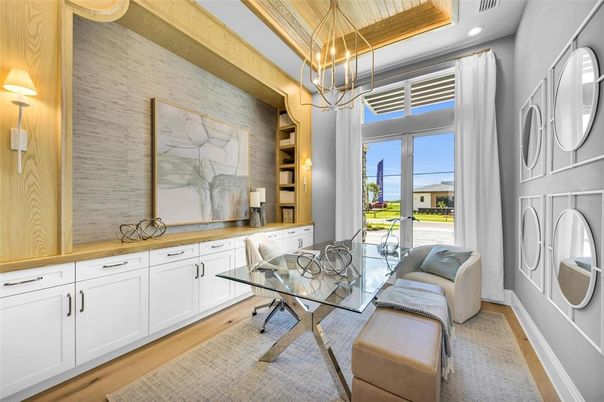 Home Office, Interior, Pendant Lights, Recessed Lighting, Wood Texture Flooring
