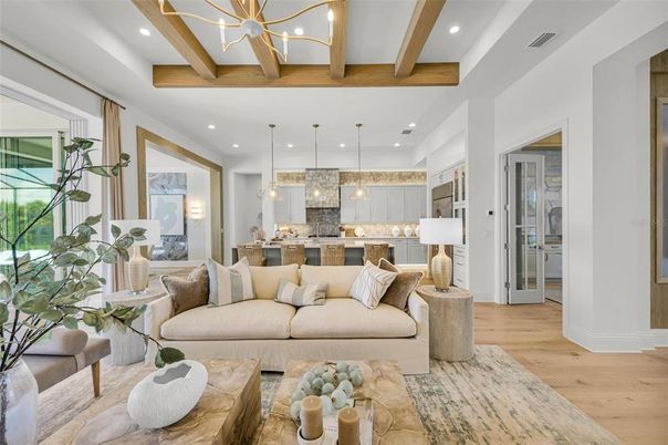Interior, Kitchen, Living room, Pendant Lights, Recessed Lighting, Stainless Steel Appliances, Wooden Beams, Wood Texture Flooring