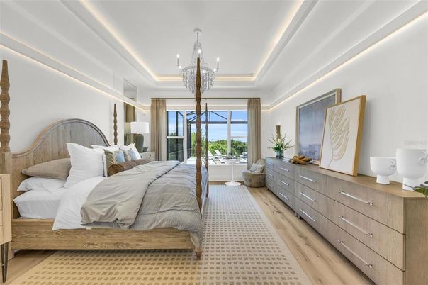 Bedroom, Chandelier, Interior, Recessed Lighting, Wood Texture Flooring