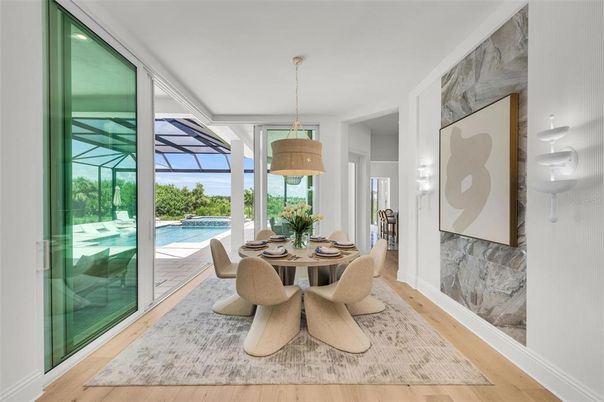 Dining room, Glass Ceilings, Interior, Pendant Lights, Pool, Sun Room, Wood Texture Flooring