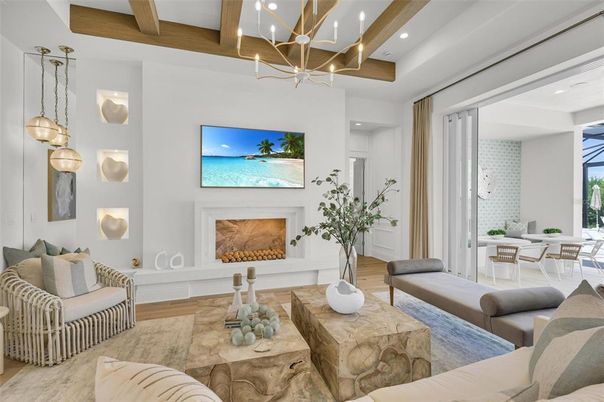 Dining room, Fireplace, Interior, Living room, Pendant Lights, Recessed Lighting, Wooden Beams, Wood Texture Flooring