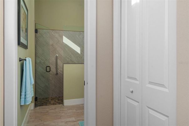 Bathroom, Glass Shower, Interior, Wood Texture Flooring