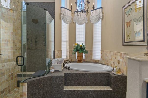 Bathroom, Chandelier, Glass Shower, Interior, Stone Walls