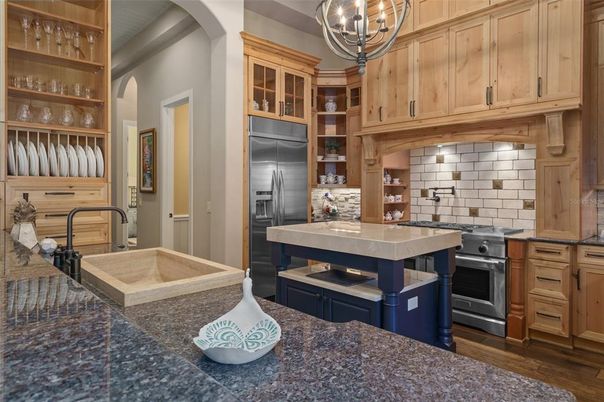 Chandelier, Interior, Kitchen, Pendant Lights, Stainless Steel Appliances, Wood Texture Flooring