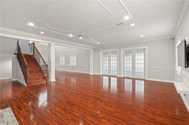 Empty room, Fireplace, Interior, Recessed Lighting, Wood Texture Flooring