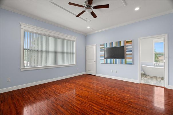Bathroom, Empty room, Interior, Recessed Lighting, Wood Texture Flooring