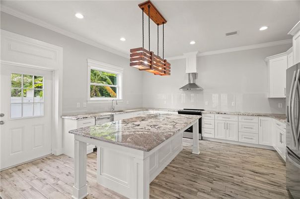 Interior, Kitchen, Pendant Lights, Recessed Lighting, Stainless Steel Appliances, Wood Texture Flooring