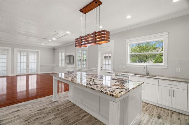 Interior, Kitchen, Pendant Lights, Recessed Lighting, Wood Texture Flooring
