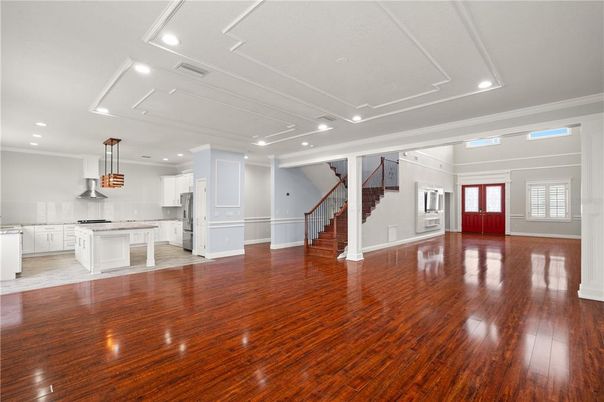 Empty room, Interior, Kitchen, Pendant Lights, Recessed Lighting, Wood Texture Flooring