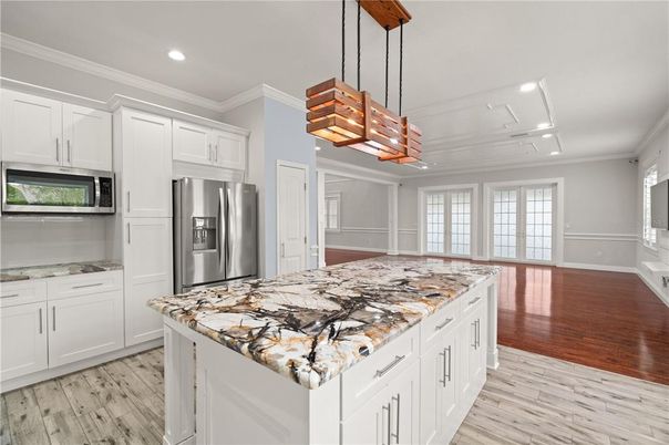 Interior, Kitchen, Pendant Lights, Recessed Lighting, Stainless Steel Appliances, Wood Texture Flooring