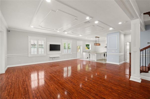 Empty room, Interior, Kitchen, Pendant Lights, Recessed Lighting, Wood Texture Flooring