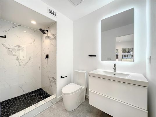Bathroom, Interior, Marble Walls, Recessed Lighting
