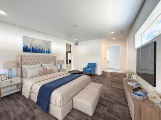 Bedroom, Interior, Recessed Lighting, Wood Texture Flooring