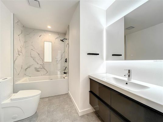 Bathroom, Glass Shower, Interior, Marble Walls, Recessed Lighting