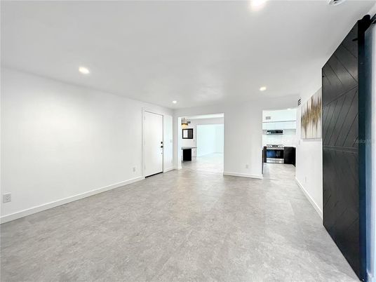 Empty room, Fireplace, Interior, Kitchen, Recessed Lighting