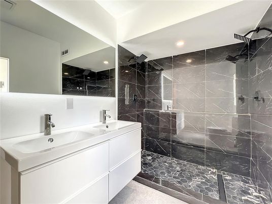 Bathroom, Dual Sink Vanities, Glass Shower, Interior, Recessed Lighting