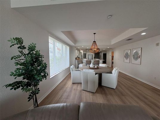 Chandelier, Dining room, Interior, Pendant Lights, Recessed Lighting, Wood Texture Flooring