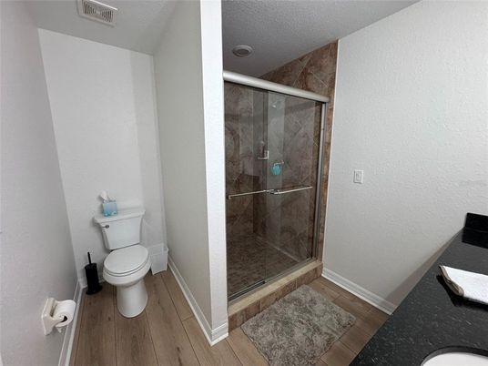Bathroom, Glass Shower, Interior, Wood Texture Flooring