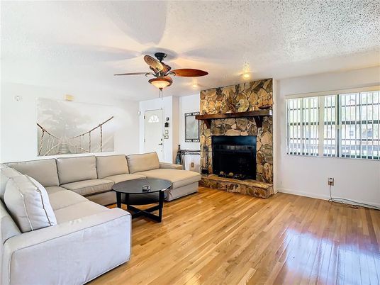 Fireplace, Interior, Living room, Stone Walls, Wood Texture Flooring