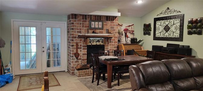 Dining room, Fireplace, Interior, Recessed Lighting, Stone Walls