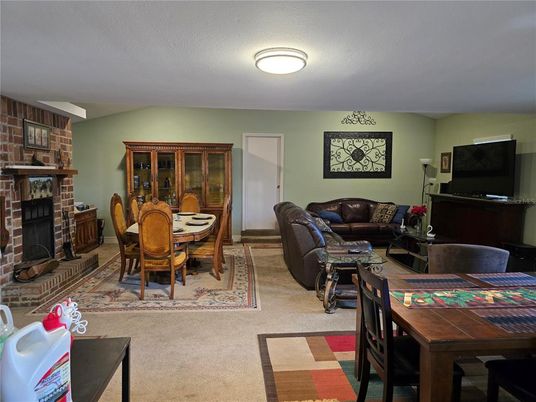 Dining room, Fireplace, Interior, Living room, Stone Walls