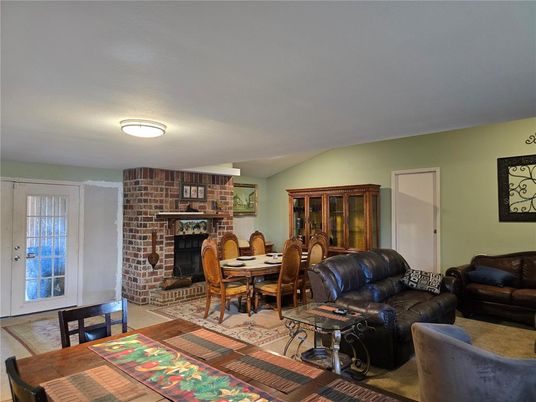 Dining room, Fireplace, Interior, Living room, Stone Walls