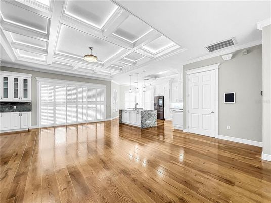 Empty room, Interior, Kitchen, Pendant Lights, Wood Texture Flooring