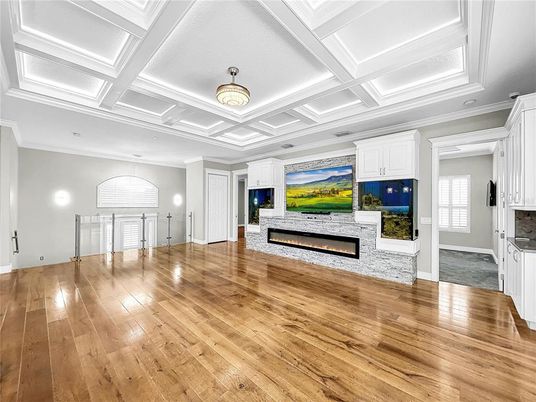 Empty room, Fireplace, Interior, Recessed Lighting, Wood Texture Flooring