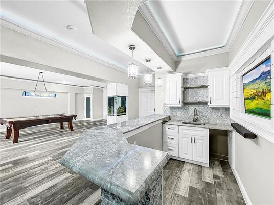 Billiard Table, Game Room, Interior, Kitchen, Pendant Lights, Wood Texture Flooring