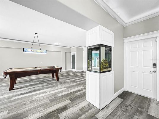 Billiard Table, Game Room, Interior, Pendant Lights, Recessed Lighting, Wood Texture Flooring
