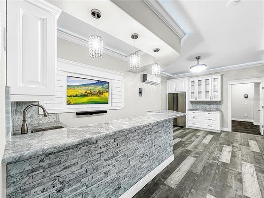 Interior, Kitchen, Pendant Lights, Stainless Steel Appliances, Wood Texture Flooring