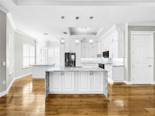 Interior, Kitchen, Pendant Lights, Wood Texture Flooring