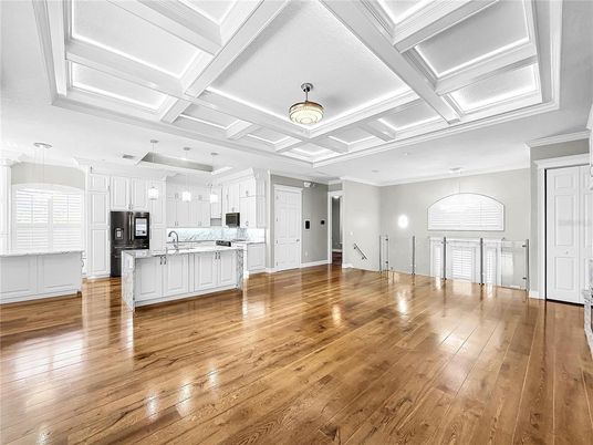 Interior, Kitchen, Pendant Lights, Stainless Steel Appliances, Wood Texture Flooring