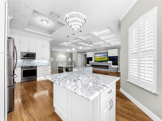 Interior, Kitchen, Pendant Lights, Recessed Lighting, Stainless Steel Appliances, Wood Texture Flooring