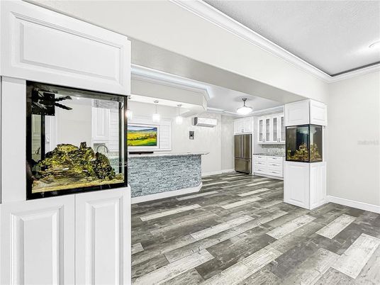 Interior, Kitchen, Pendant Lights, Wood Texture Flooring