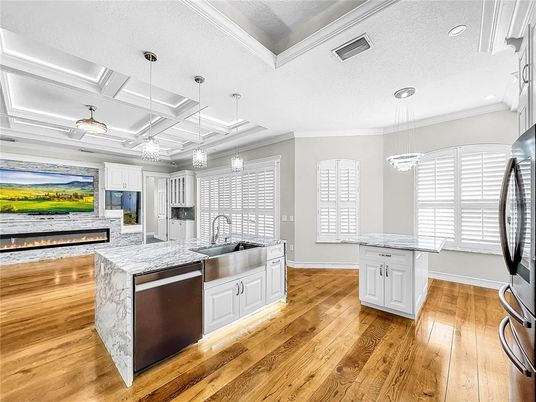 Interior, Kitchen, Pendant Lights, Recessed Lighting, Stainless Steel Appliances, Wood Texture Flooring