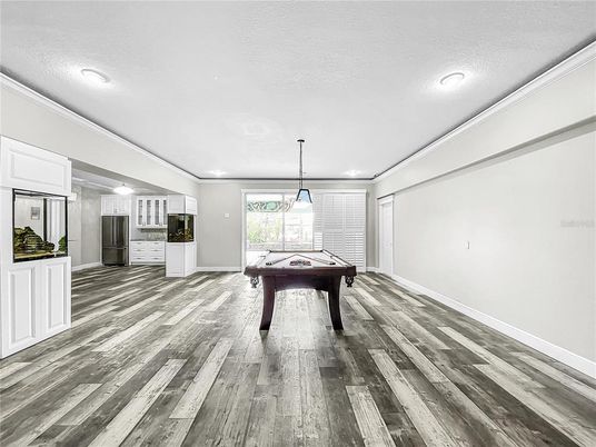 Billiard Table, Game Room, Interior, Pendant Lights, Recessed Lighting, Wood Texture Flooring