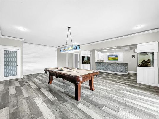 Billiard Table, Game Room, Interior, Pendant Lights, Recessed Lighting, Wood Texture Flooring