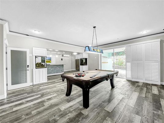 Billiard Table, Game Room, Interior, Pendant Lights, Recessed Lighting, Wood Texture Flooring