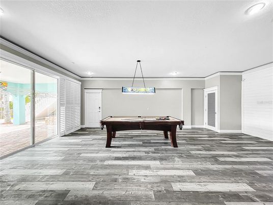 Billiard Table, Game Room, Interior, Pendant Lights, Recessed Lighting, Wood Texture Flooring
