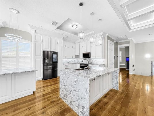 Interior, Kitchen, Pendant Lights, Recessed Lighting, Stainless Steel Appliances, Wood Texture Flooring