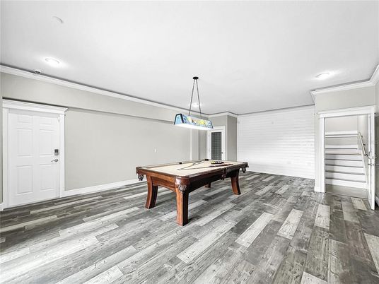 Billiard Table, Game Room, Interior, Pendant Lights, Recessed Lighting, Wood Texture Flooring