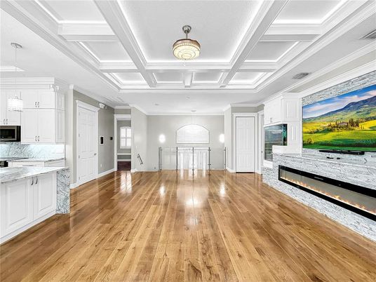 Fireplace, Interior, Kitchen, Pendant Lights, Wood Texture Flooring