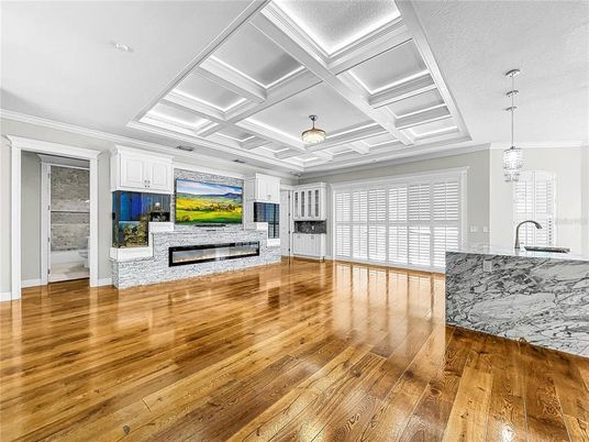 Empty room, Fireplace, Interior, Pendant Lights, Recessed Lighting, Wood Texture Flooring