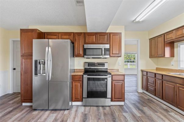 Interior, Kitchen, Stainless Steel Appliances, Wood Texture Flooring