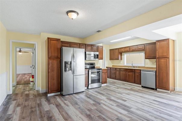 Interior, Kitchen, Stainless Steel Appliances, Wood Texture Flooring