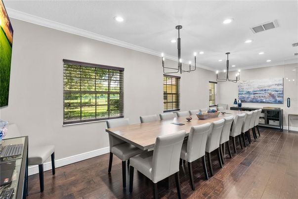 Dining room, Interior, Pendant Lights, Recessed Lighting, Wood Texture Flooring